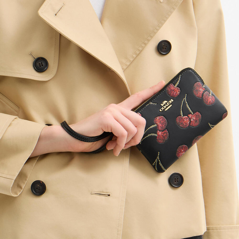 Authentic Coach Corner Zip Wristlet With Cherry Print NWT
